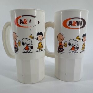 A&W Root Beer Vintage Peanuts Mugs Set of 2 White  Snoopy 40th Anniversary 1990s